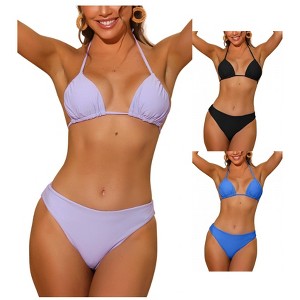 INSPIRE CHIC Women's Halter Solid Ruched Self-Tie Back Swimwear with Bottoms Bikini Combination Sets - 1 of 4