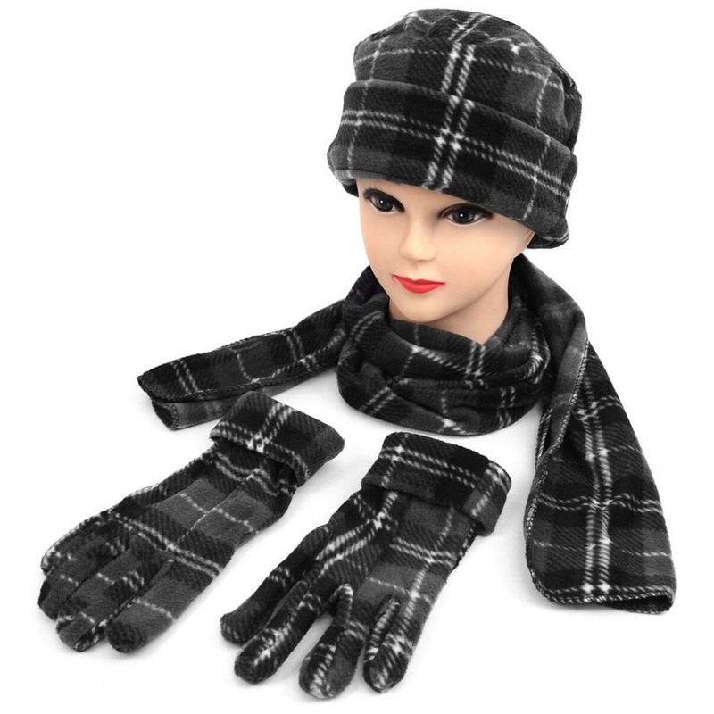Women's Gray Plaid 3 Piece Fleece Hat, Scarf & Glove Winter Set, 3 of 5