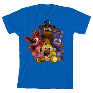 Five Nights At Freddy’s Plush Characters Group Short Youth Royal Blue Crew Neck Short Sleeve T-shirt - 1 of 3