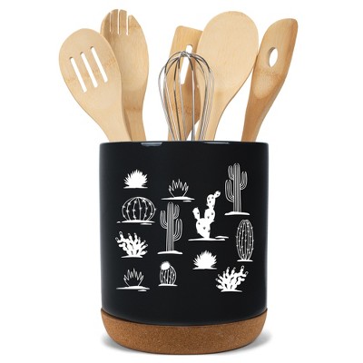 Elanze Designs 8 inch Cactus Desert Plant Pattern Large Ceramic Kitchen Utensil Holder Black and White Crock with Cork Base