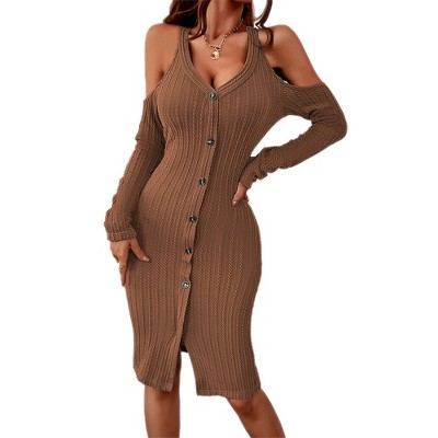 Womens Bodycon Ribbed Knit Sweater Dress Cold Shoulder Button Front Midi Dress Split V-Neck Long Sleeve Fall Dresses