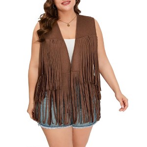 Whizmax Women's Plus Size Tassel Vest Hippie Faux Suede Rivets Sleeveless Costume Fringe Jacket - 1 of 4