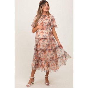 Pinkblush Peach Floral Mesh Smocked Maternity Midi Dress - 1 of 4