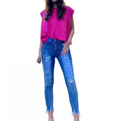 Women's Skinny Destroyed Buttonfly Jeans - Judy Blue