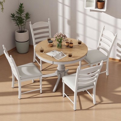 5-Piece Retro Dining Table Set with Extendable Table and 4 Upholstered Chairs for Dining Room or Kitchen, Solid Wood, Farmhouse Style