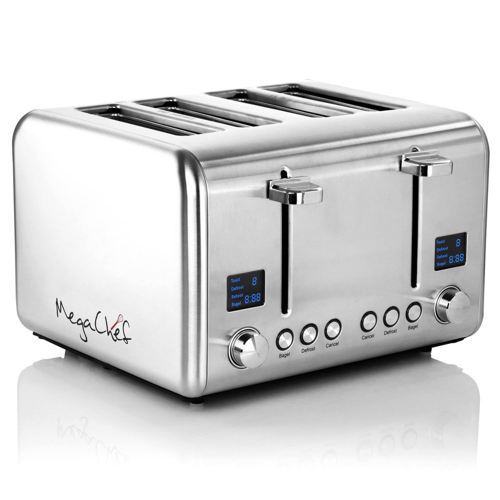Photos - Toaster MegaChef 4 Slice Stainless Steel  - Silver: 1800W, Automatic Shut-Off, Reheat & Defrost, Bagel Function, 90-Day Warra 
