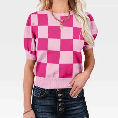 Women's Casual Crew Neck Short Sleeve Sweater Tops for Spring and Summer 2025,Pink Rose Plaid - XL