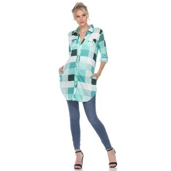 Women's  Roll Tab Sleeve Plaid Buttoned Top - White Mark