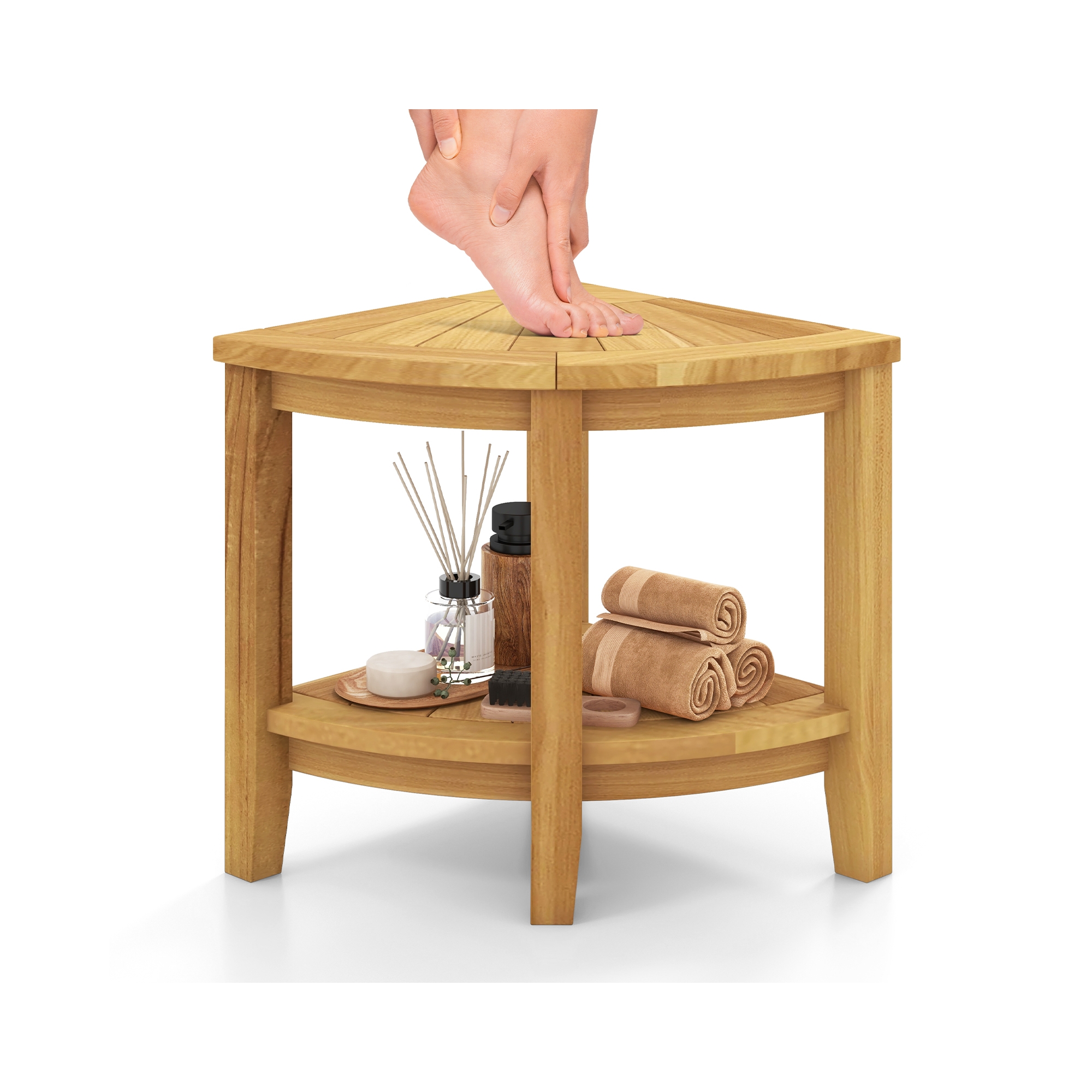 Costway Corner Shower Stool Teak Wood Shower Bench w/ Storage Shelf Bathroom Foot Stool