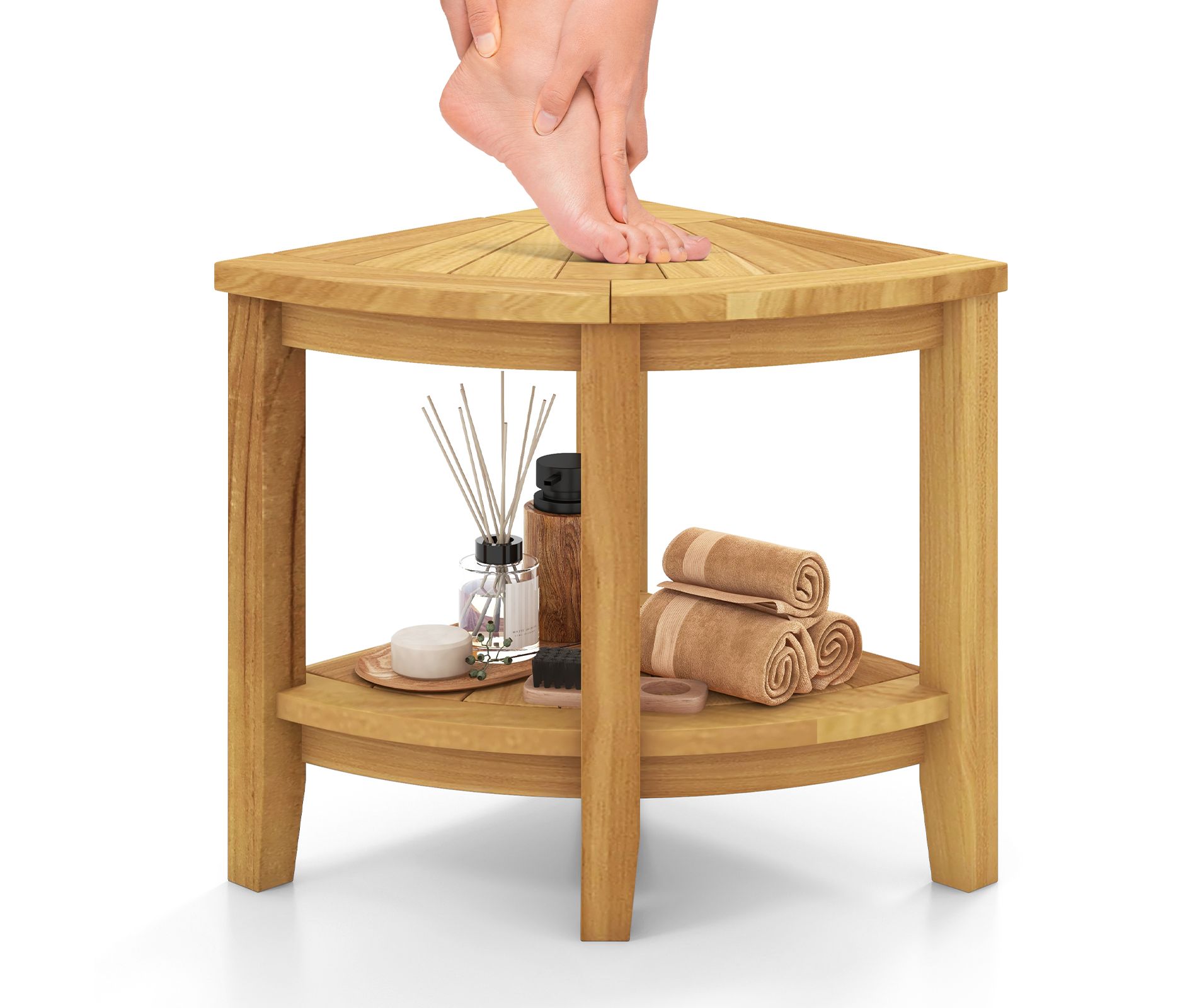 Tangkula Corner Shower Stool Teak Wood Shower Bench w/ Storage Shelf Bathroom Foot Stool