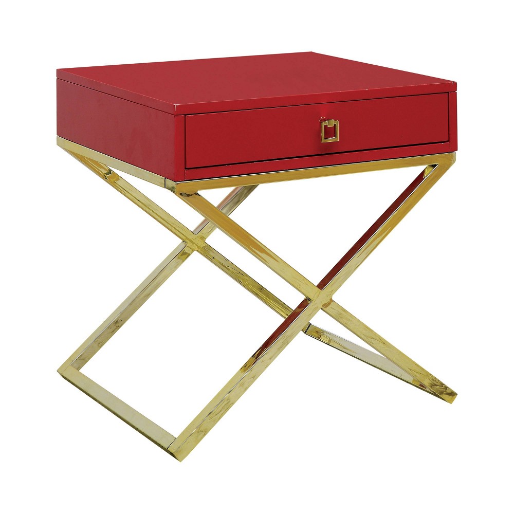 Photos - Coffee Table 24/7 Shop At Home Trilla X-Shape Side Table Red: Champagne Finish, Acrylic Handle, Storage Drawer