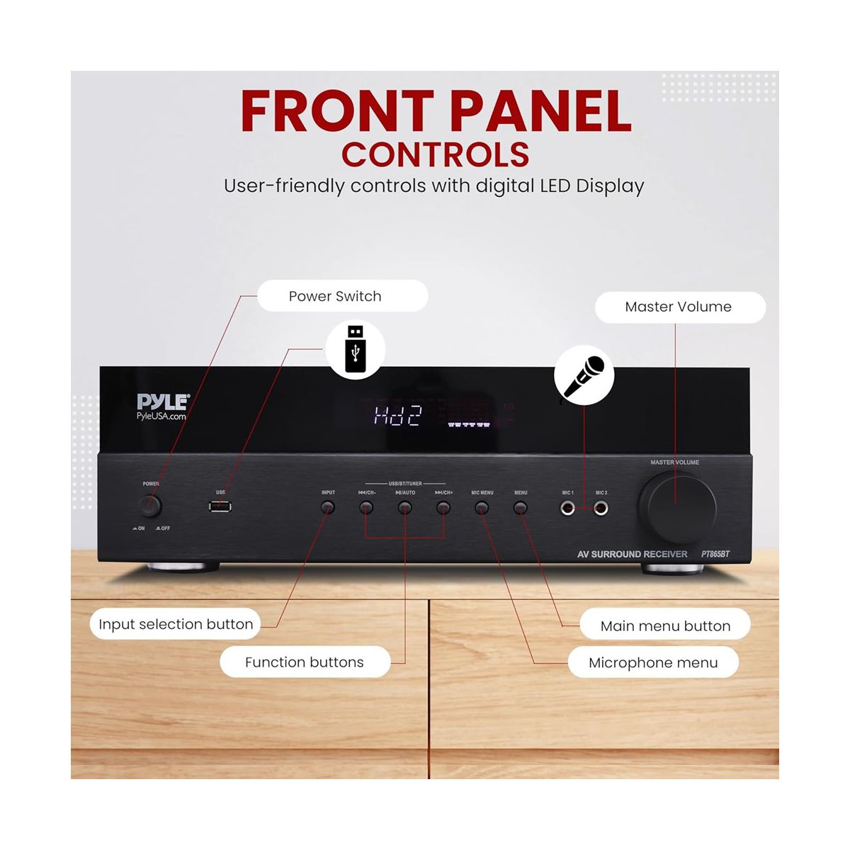 Pyle 5.2 Channel Hi-Fi Home Theater Receiver – Powerful Wireless Bluetooth Surround Sound Amplifier with 4K Ultra HD Support, MP3/USB/DAC, PT865BT - thumbnail 2