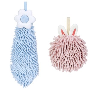 REGALWOVEN 2 Packs Soft Absorbent Flower Pattern Chenille Hand Towel with Loop 6" x 15"/7" x 7" - 1 of 4