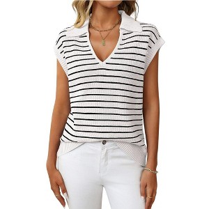 Summer Tops for Women Lapel Collar V Neck Short Sleeve Ribbed Knit Sweater Pullover Striped Sweater with Cap Sleeve Lapel Neck Sweater Vest - 1 of 4