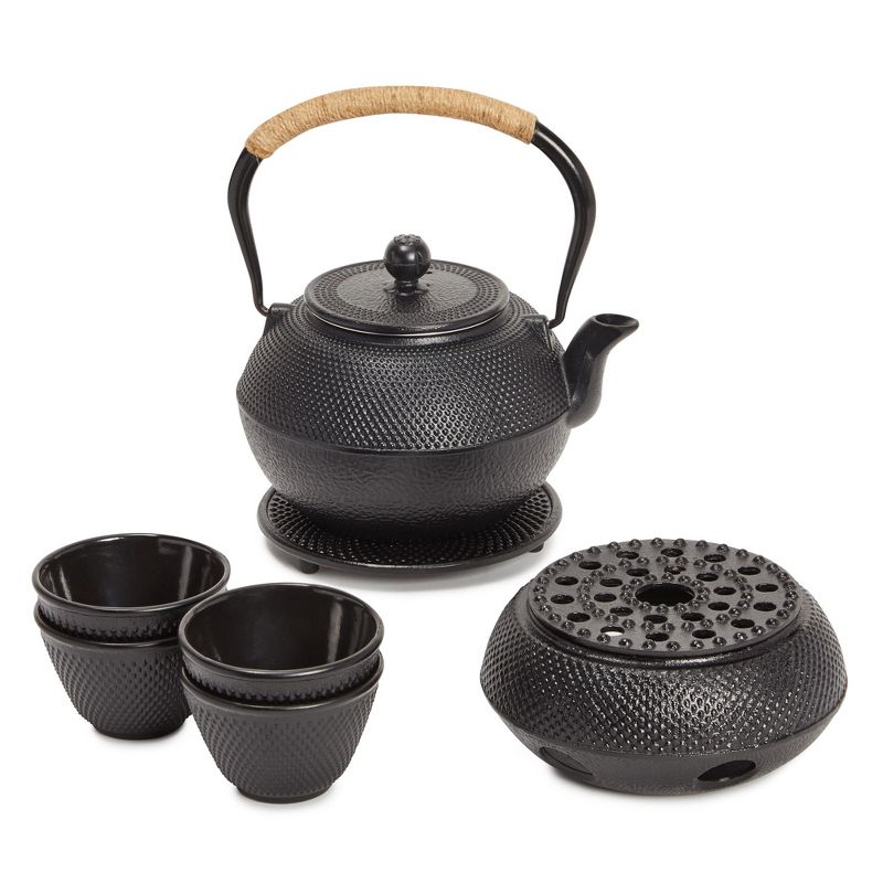 Juvale Hobnail Black Cast Iron Tea Kettle for Stovetop - Japanese Tea Pot Set with Infuser, Trivet, Warmer, 4 Teacups, 40 oz, 1 of 9