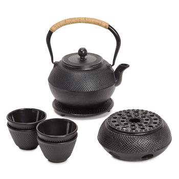 Juvale Hobnail Black Cast Iron Tea Kettle for Stovetop - Japanese Tea Pot Set with Infuser, Trivet, Warmer, 4 Teacups, 40 oz