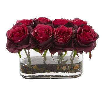 Nearly Natural 5.5-in Blooming Roses in Glass Vase Artificial Arrangement