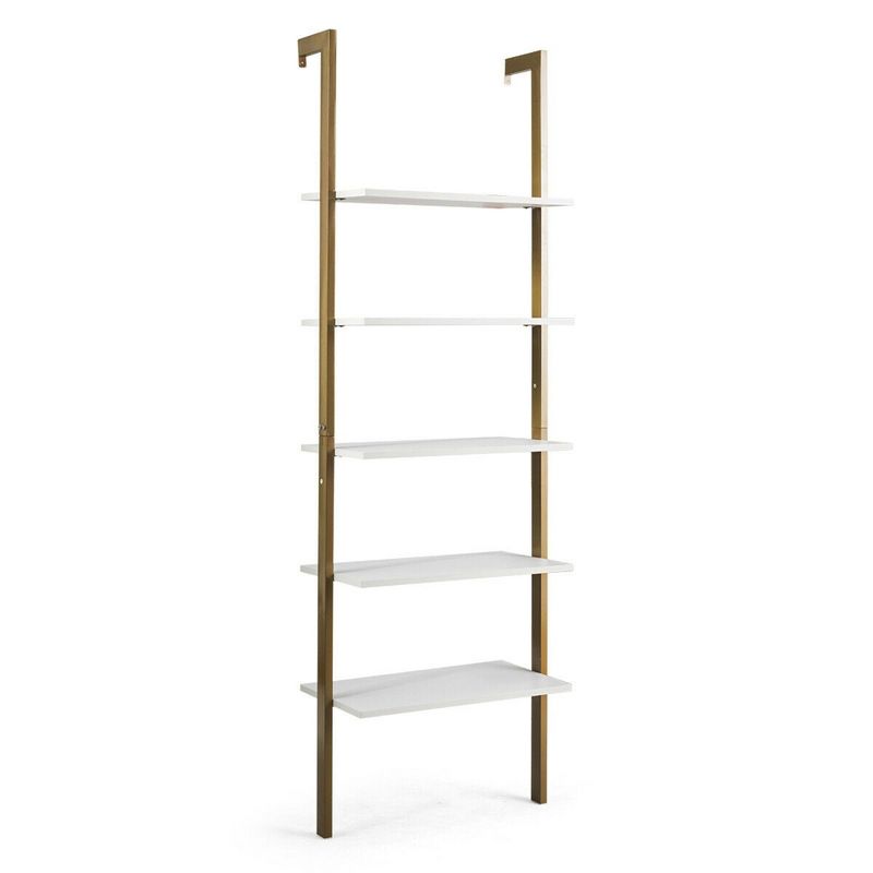 Costway 5-Tier Ladder Shelf Wood Wall Mounted Display Bookshelf Metal Frame Brown & Black/Brown & White/Bronze, 1 of 11