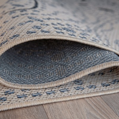 Cream and Blue Medallion Flat Woven Indoor/Outdoor Rug