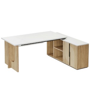 Resenkos Computer Desk, Office Desk, Study Desk,74" Executive Desk, L-Shaped Computer Desk Office Desk With Cabinet,White and Wood - 1 of 4