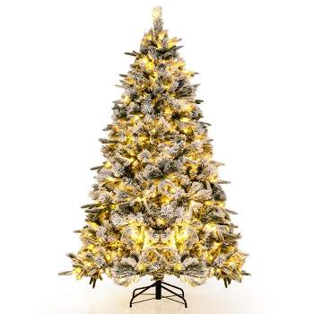 Costway 6/7 FT Pre-Lit Flocked Christmas Tree Hinged Xmas Decoration with 250/300 LED Lights