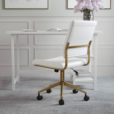 White Faux Leather Armless Swivel Office Chair with Brass Frame