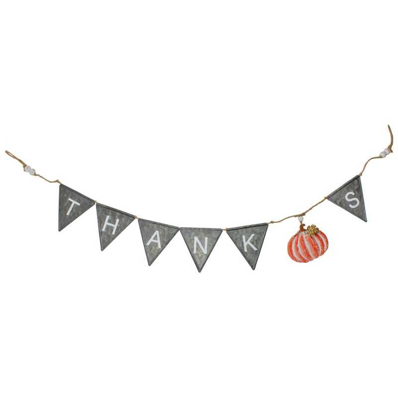 Northlight 64" Metal Gray, White, and Orange Thanksgiving "THANKS" Decorative Banner, 1 of 5