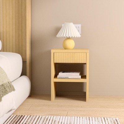 ORRD Fluted Night Stand w/ Drawer, Large Mid-Century Modern Bedside Table for Bedroom/Living Room/Office, Natural Wood