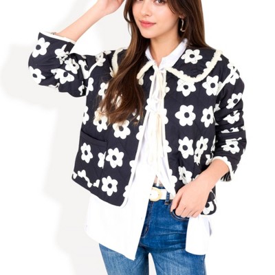 Anna-Kaci Women's Floral Quilted Jacket with Peter Pan Collar and Tie Closure - Small, Black