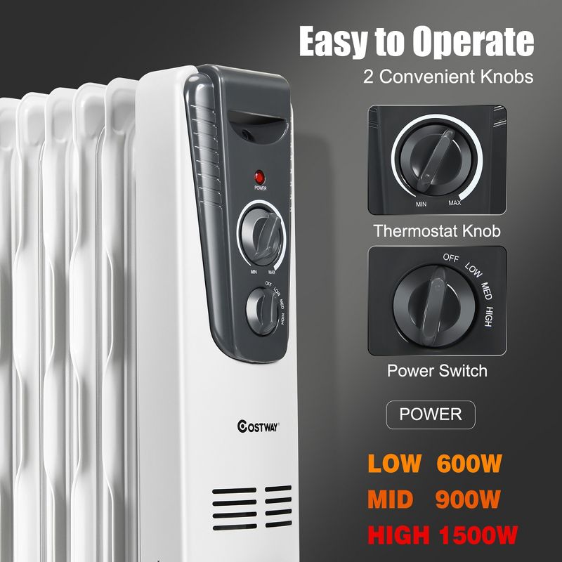 Costway 1500W Electric Oil Filled Radiator Space Heater 5.7 Fin Thermostat Room Radiant, 4 of 11