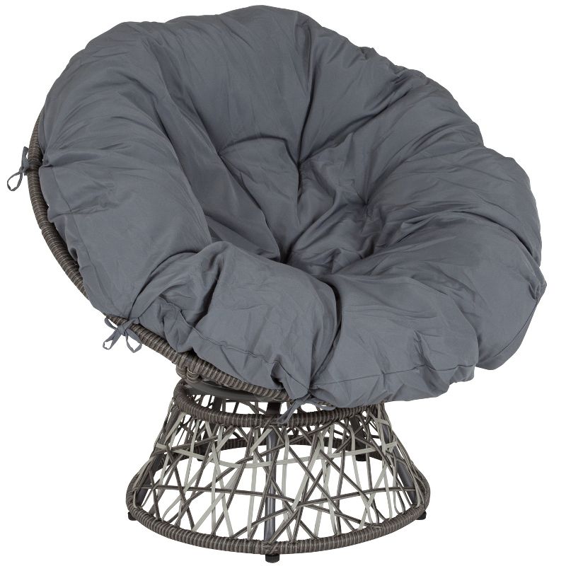 Merrick Lane Papasan Style Woven Wicker Swivel Patio Chair in Silver with Removable All-Weather Dark Gray Cushion, 1 of 8