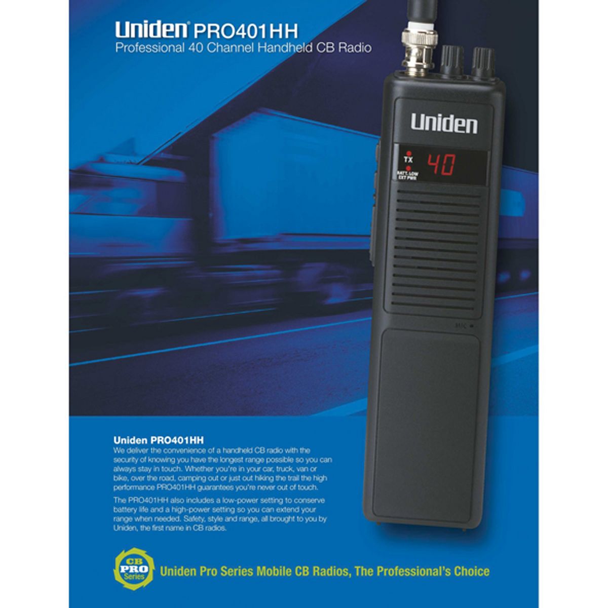 Uniden® Pro Series 40-Channel Handheld CB Radio with Whip Antenna, Black, PRO401HH - thumbnail 5