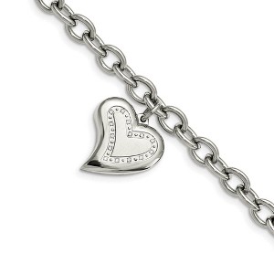 Black Bow Jewelry Women's Stainless Steel Heart and CZ Charm Bracelet, 7.5 Inch - 1 of 4