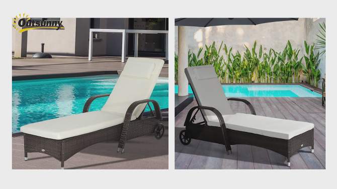 Outsunny Patio Wicker Chaise Lounge, PE Rattan Outdoor Lounge Chair with Cushion, Height Adjustable Backrest & Wheels, 2 of 8, play video