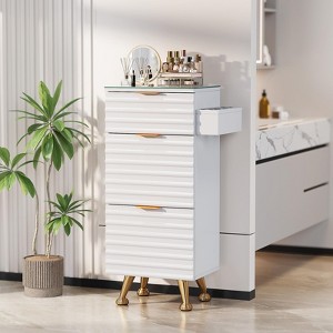 Karl Home White Salon Styling Storage Station with Removable Glass Top and 3 Drawers - 1 of 4