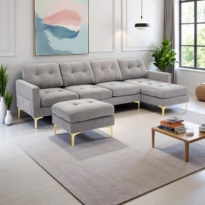 110" Velvet L-Shaped Convertible Sectional Sofa with Ottoman - 1 of 4