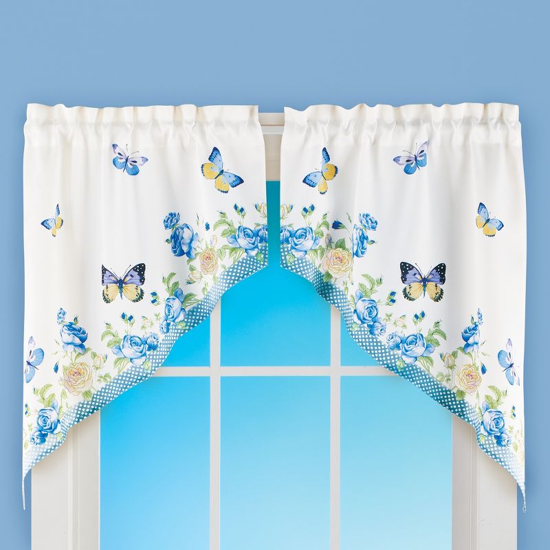 Collections Etc Blue & Ivory Floral Rose Butterfly Window Curtains, 2 of 3