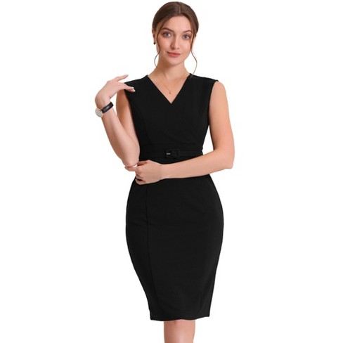 Allegra K Women's Sleeveless V Neck Business Office Belt Pencil Dresses  Black Small