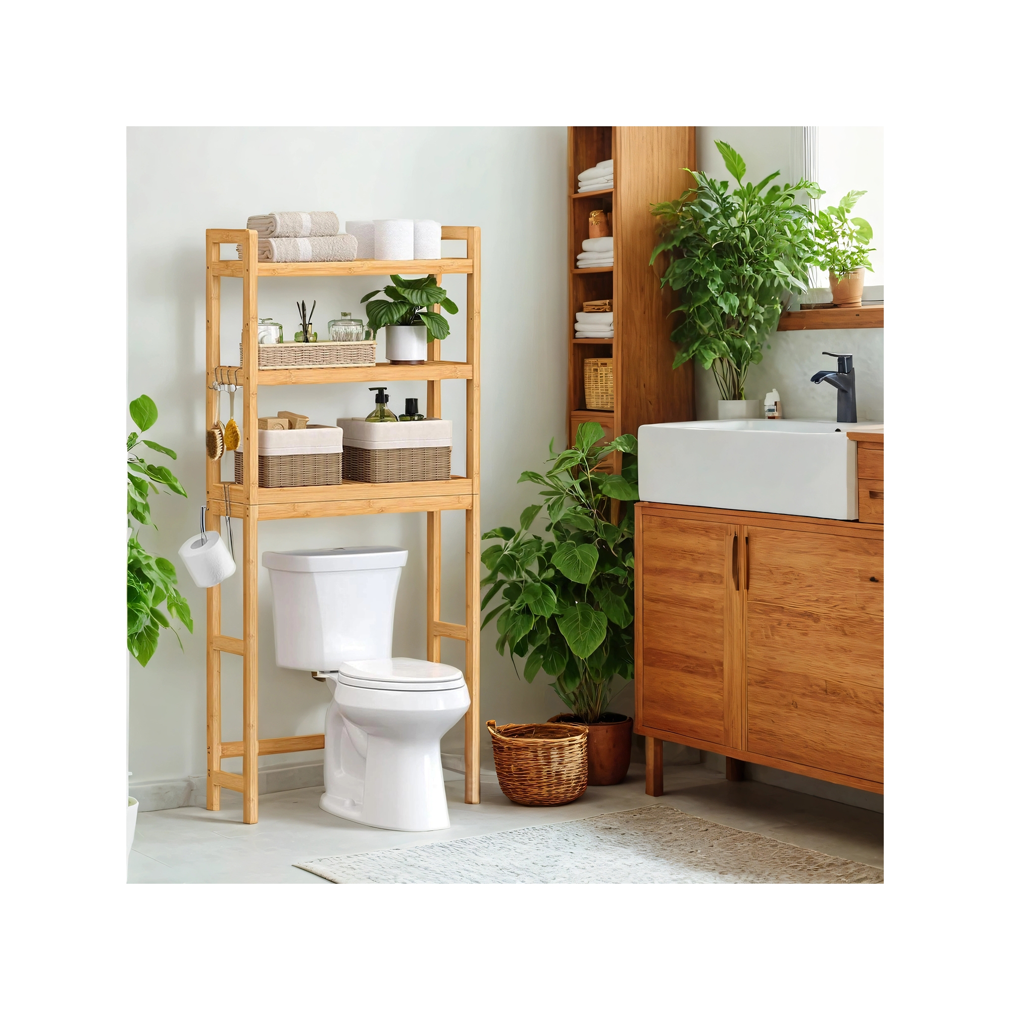 LEDREM Over Toilet Storage Rack, Adjustable 3-Tier Bamboo Shelf, for Laundry Room or Bathroom, Easy Assembly, Natural Color