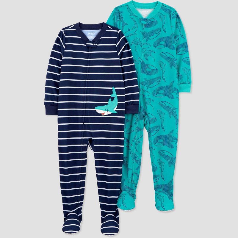 Carter&#39;s Just One You&#174; Toddler Boys&#39; Shark Printed &#38; Striped Footed Pajamas - Navy Blue/Light Blue, 1 of 5