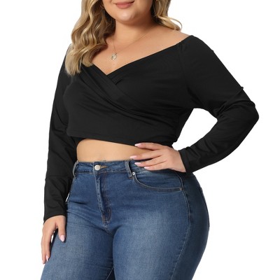 Agnes Orinda Women's Plus Size Off Shoulder Crop Cross Wrap fashion Blouse  Black 4X