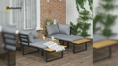 Gray Cushioned Aluminum Outdoor Sectional Set with Woodgrain Table