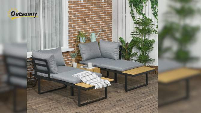 Outsunny 3 Piece Patio Furniture Set, Outdoor Sofa Set with Chaise Lounge & Loveseat, Soft Cushions, Woodgrain Plastic Table, L-Shaped Sectional, Gray, 2 of 8, play video