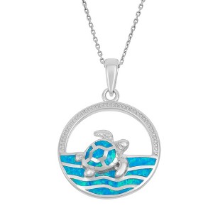 Opalata Sterling Silver Open Circle with Blue Inlay Opal Waves with Turtle 18" Pendant Necklace - Blue - 1 of 2