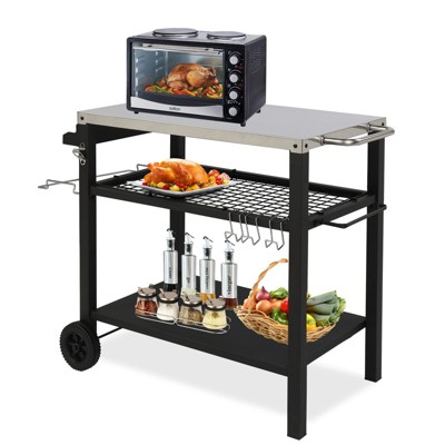 ROVSUN Gourmet Rolling Grill Cart with Trash Bag Holder, Hooks, Side Handle, Outdoor/Indoor Dining Prep Table Cart for Camping, Party, BBQ, Black