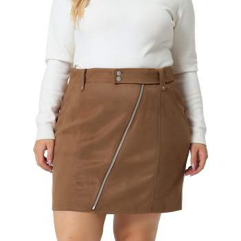 Agnes Orinda Women's Plus Size Faux Suede Zipper Front Pockets Elastic Waist Mini Skirt
