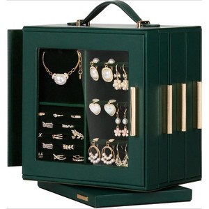 Jewelry Box 360° Rotating, Necklace Earring Organizer with Transparent Window, Mirror, 7 Drawers - 1 of 4