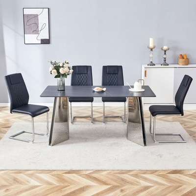 CAVINAS Dining Table Set for 6 Kitchen Table Modern Sintered Stone Table with Stainless Steel Butterfly Legs 6 PU Chairs