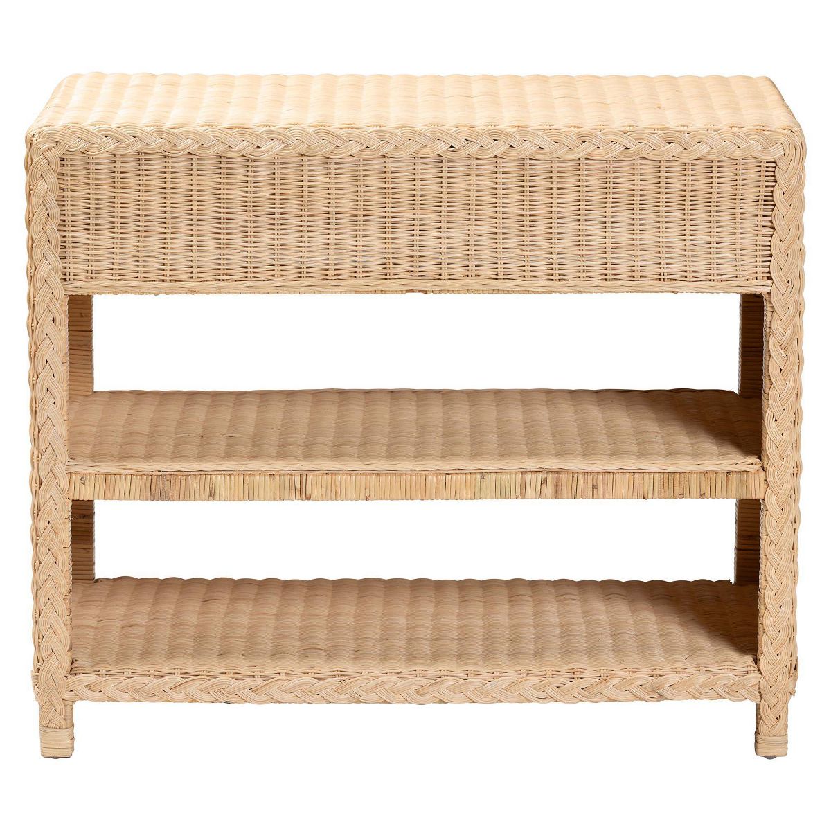 bali & pari Lanica Braided Natural Rattan Console Table with Drawers and Shelves Sun-Bleached Rattan