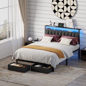 Bed Frame with 2 Drawers & Storage Headboard, Platform Metal Bed with 2 USB Ports and Outlets, No Box Spring Needed - 1 of 3